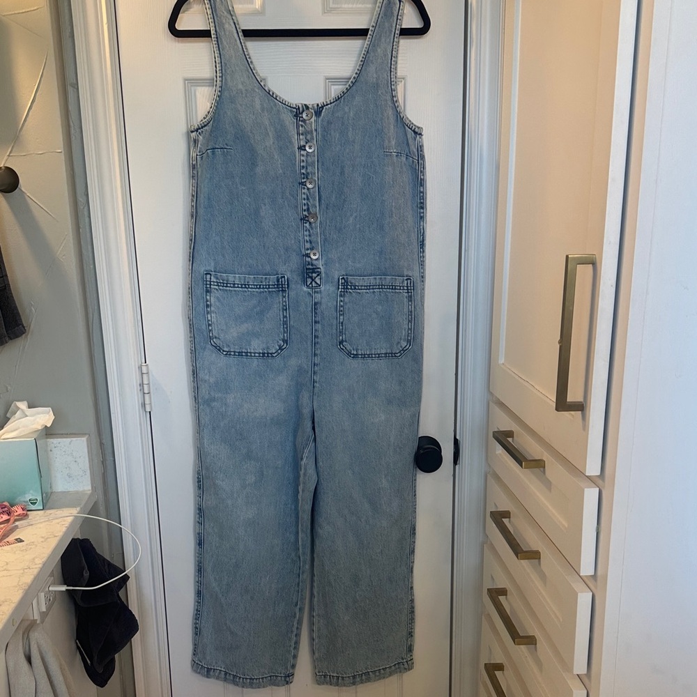 Denim Button-Front Jumpsuit Small - image 1